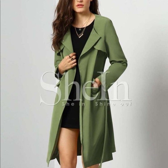 Army Green Long Sleeve Pockets Trench Coat - Picture 1 of 12